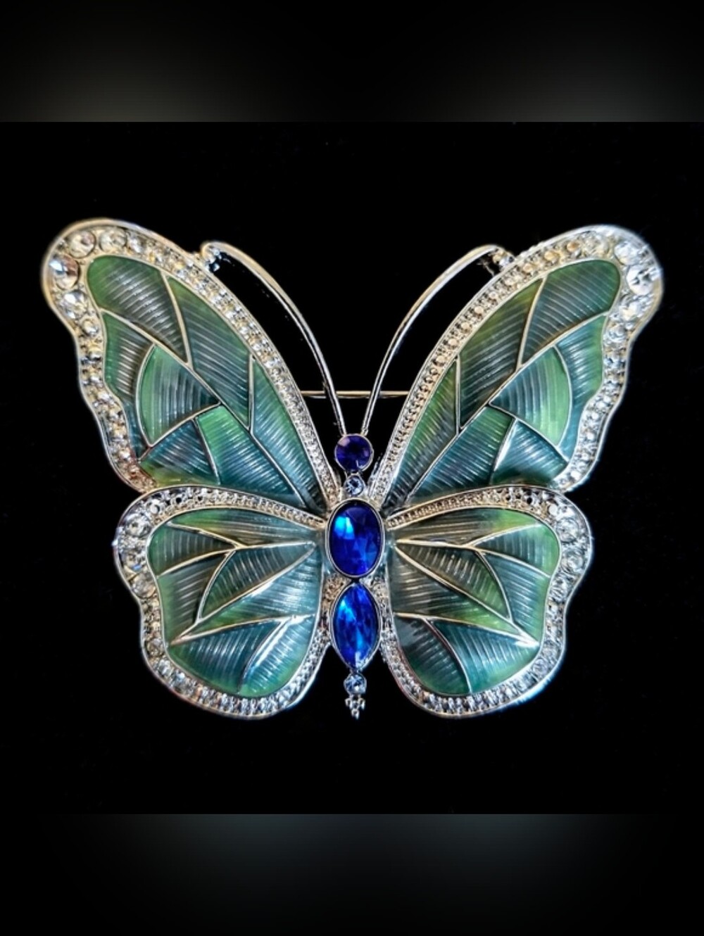 Vintage Napier Silver-Tone Butterfly Brooch – Green Enamel & Blue Rhinestone